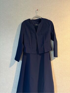 Navy Blue Two-Piece Dress & Jacket Set – Women’s Size Medium